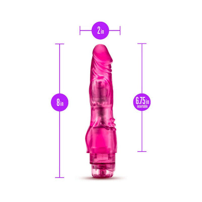 Pink realistic vibrator with clitoral nubs, measuring 8 inches long and 2 inches wide, with 6.75 inches insertable length.