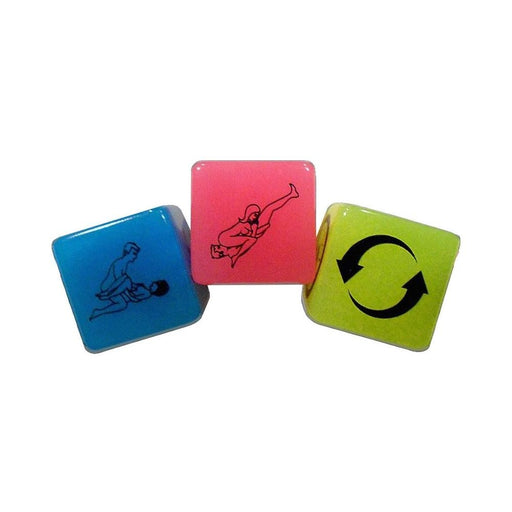Set of three glow-in-the-dark dice in blue, pink, and yellow with illustrated couple poses and a rotation symbol.