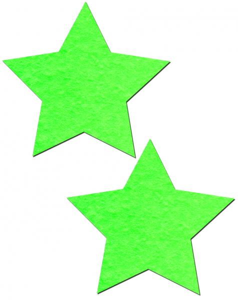Pair of bright green glow-in-the-dark star-shaped pasties on a white background.