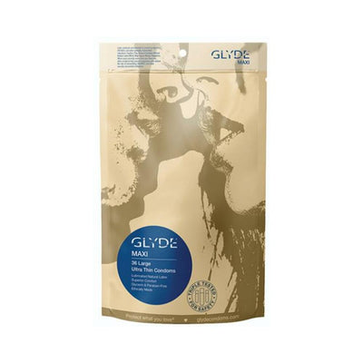 Glyde Maxi 36-pack large ultra-thin latex condoms in beige resealable pouch with couple illustration and blue label