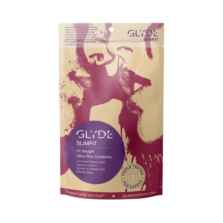 Glyde Slimfit 12-pack condom pouch with artistic close-up faces design, highlighting ultra-thin, snug-fit protection.