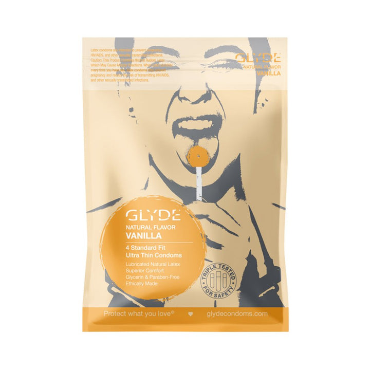 Glyde Ultra Natural Flavor Vanilla condoms 4-pack with artistic image of a person enjoying a lollipop on beige packaging.