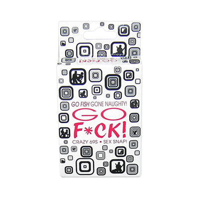 Go F*ck adult card game packaging with playful black and gray geometric patterns and bold pink text.