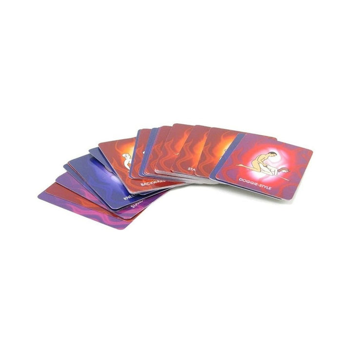 Spread of colorful adult-themed game cards from the Go F*ck Card Game featuring playful illustrations and position names.