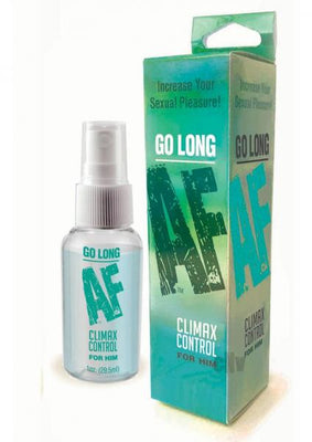 Go Long AF Prolong Spray bottle and packaging for men’s climax control and enhanced sexual pleasure.