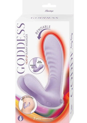 Lavender bendable dual motor heat-up bunny massager with body-hugging design, 7 vibration speeds, and USB rechargeable packaging.