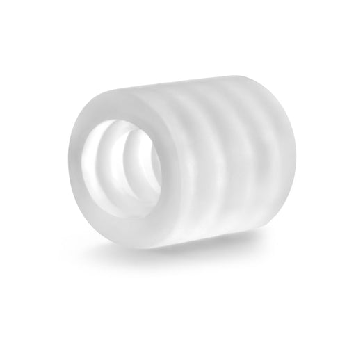 Clear ribbed mini stroker sleeve made of stretchy TPE material for enhanced pleasure.