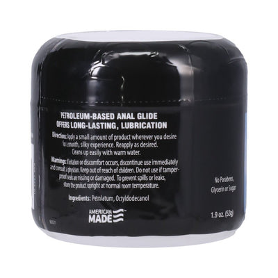 Black jar of Golden Girl Anal Jelly with product information and usage directions on the label.