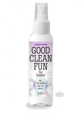 Bottle of Good Clean Fun lavender scented toy cleaner with spray nozzle, 2 oz size, labeled for germ-killing use.