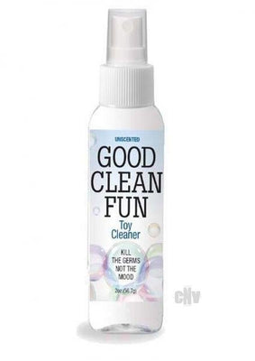 Bottle of Good Clean Fun unscented toy cleaner with spray nozzle, 2 oz size, labeled for germ-killing use.