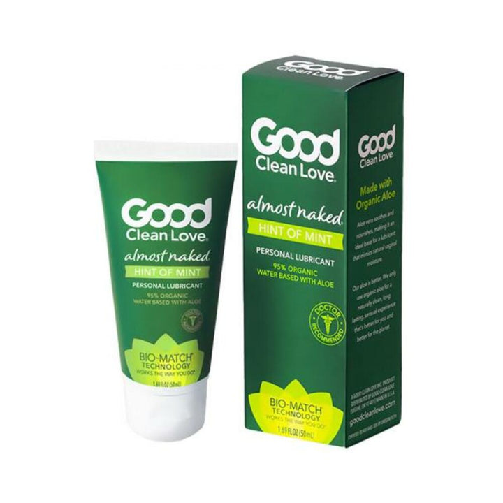 Good Clean Love Almost Naked Hint of Mint personal lubricant tube and green box with organic aloe and bio-match technology branding.