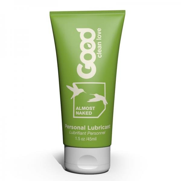 Green tube of Good Clean Love Almost Naked Organic Personal Lubricant 1.5oz with white text and hummingbird design.
