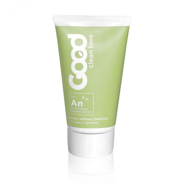 Tube of Good Clean Love Almost Naked Organic Personal Lubricant in light green packaging with white cap and text.