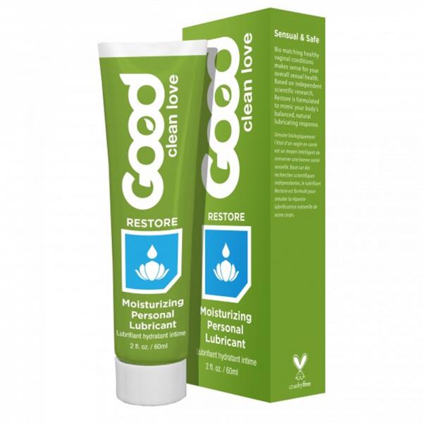 Good Clean Love Restore moisturizing personal lubricant tube and box in green packaging with white and blue accents, 2oz size.