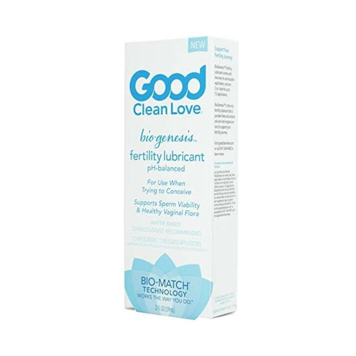 Good Clean Love Biogenesis fertility lubricant box highlighting pH-balanced formula and Bio-Match technology, 2 oz. size.