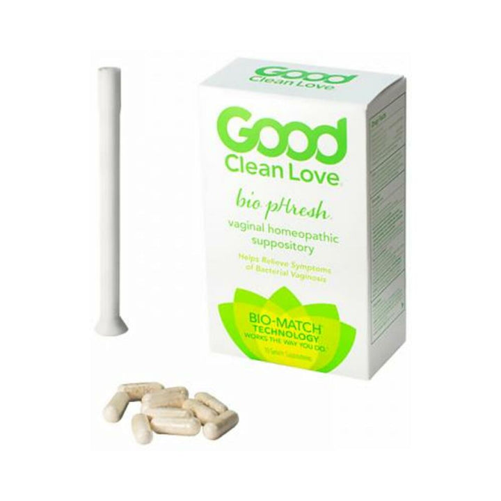 Good Clean Love Biophresh vaginal homeopathic suppository box with applicator and capsules on white background