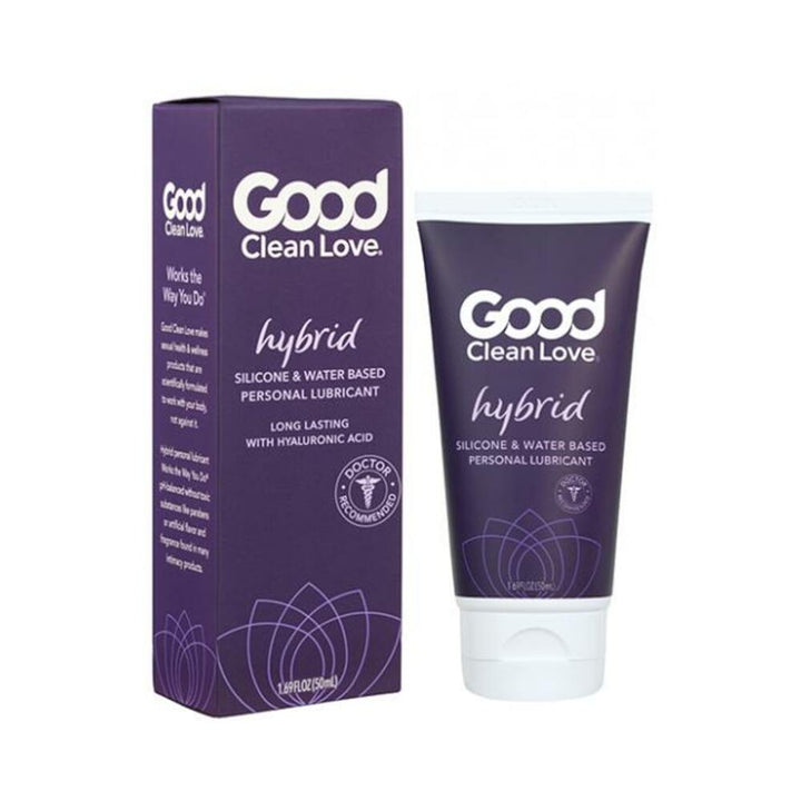 Good Clean Love Hybrid personal lubricant tube and box in purple packaging with hyaluronic acid for long-lasting moisture.