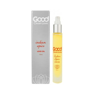 Good Clean Love Indian Spice Love Oil 10mL spray bottle with silver box packaging and red text design.