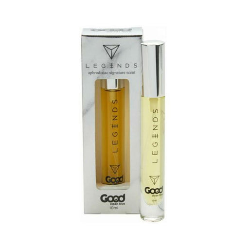 Good Clean Love Legends aphrodisiac perfume oil 10ml roll-on bottle with silver cap and branded packaging box.
