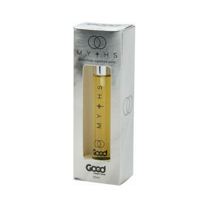 Good Clean Love Myths aphrodisiac perfume 10ml in silver box with clear window showing amber liquid bottle.
