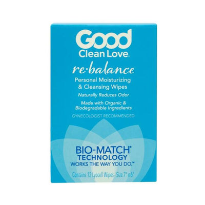 Good Clean Love Rebalance personal moisturizing and cleansing wipes 12-pack in blue packaging with bio-match technology branding.