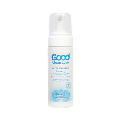 Bottle of Good Clean Love Ultra Sensitive Foaming Feminine Wash with pump dispenser and blue label on white background.