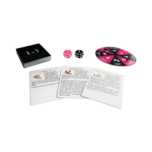 Good Times Here We Cum foreplay game set with instruction cards, two dice, and a pink and black spinning wheel on white background.