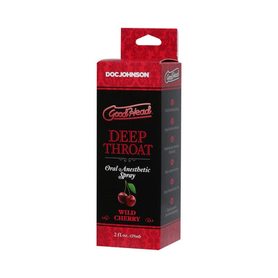 Goodhead Deep Throat oral anesthetic spray box in black and red with cherry flavor illustration, 2 fl oz size.