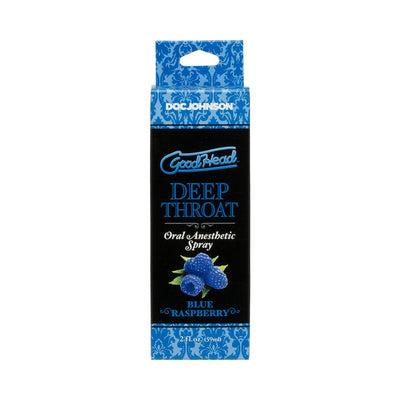 Goodhead Deep Throat oral anesthetic spray in blue raspberry flavor with decorative blue and black packaging.