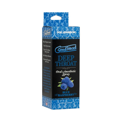 Goodhead Deep Throat oral anesthetic spray in blue raspberry flavor packaging, 2 fl oz bottle.