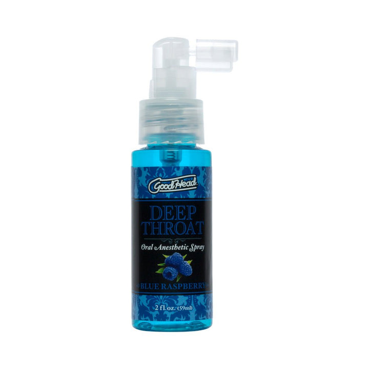 Goodhead Deep Throat oral anesthetic spray in blue raspberry flavor, 2 oz bottle with clear spray nozzle.