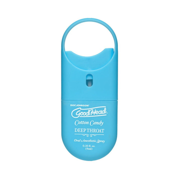 GoodHead Deep Throat oral anesthetic spray in blue compact bottle with cotton candy flavor label
