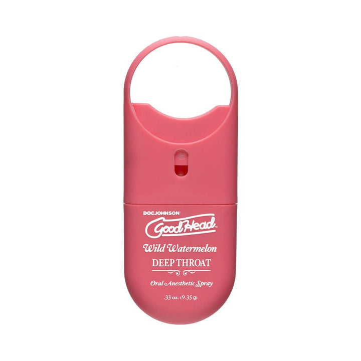 GoodHead Deep Throat Spray in Wild Watermelon flavor, compact pink oral anesthetic spray bottle with loop handle.