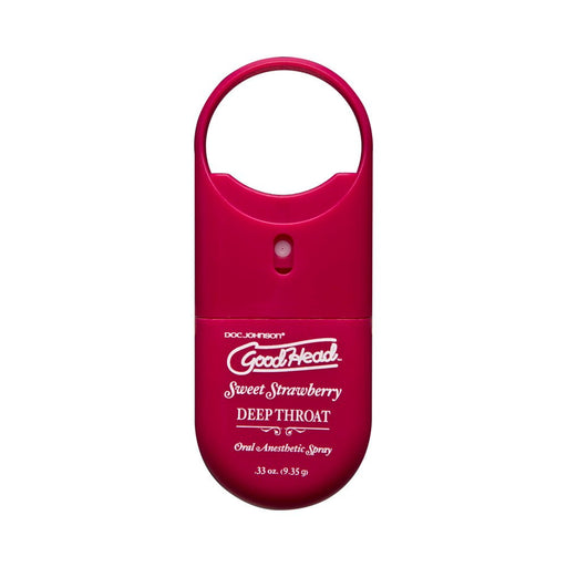 Compact red GoodHead Deep Throat To Go strawberry-flavored oral anesthetic spray with keyring loop.