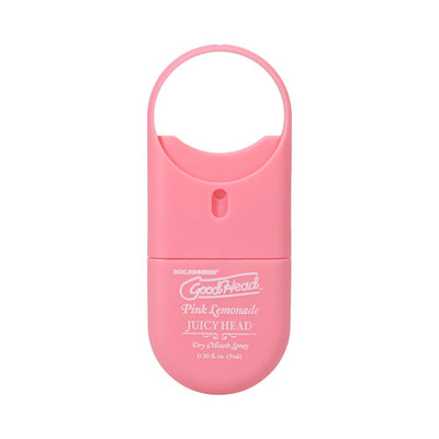 Compact pink GoodHead Juicy Head Pink Lemonade dry mouth spray with loop for easy carrying.
