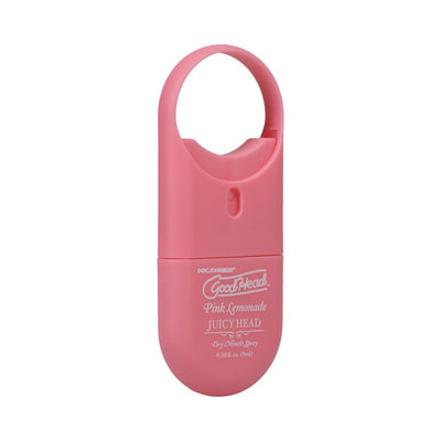 Compact pink Goodhead Juicy Head Pink Lemonade dry mouth spray with loop for easy carrying and quick use.