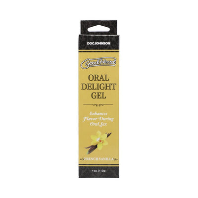 Goodhead Oral Delight Gel French Vanilla flavor in a 4oz yellow and black box with vanilla flower illustration