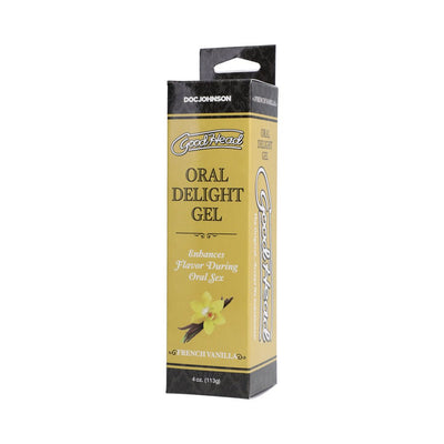 Goodhead Oral Delight Gel French Vanilla 4oz box with vanilla flower and vanilla bean illustration on yellow and black packaging