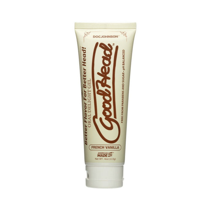 Tube of Goodhead French Vanilla flavored oral delight gel, 4oz, with brown text on cream packaging.