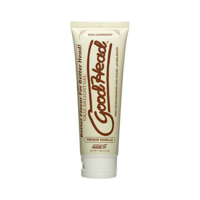 Tube of Goodhead French Vanilla flavored oral delight gel, 4oz, with brown text on cream packaging.