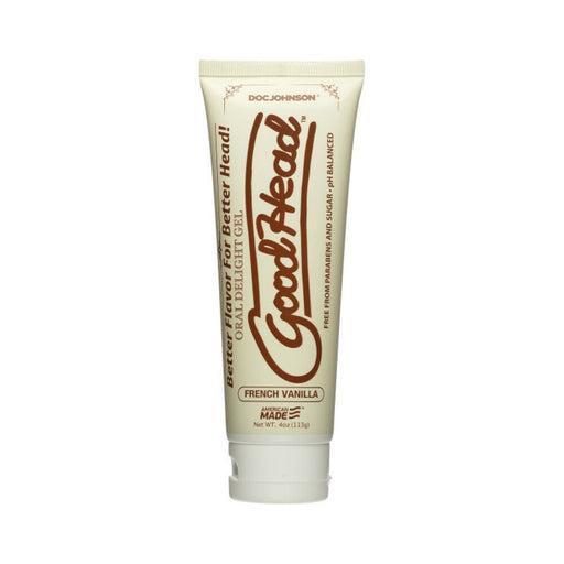 Tube of Goodhead French Vanilla flavored oral delight gel, 4oz, with brown text on cream packaging.