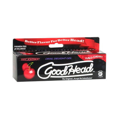 Goodhead Wild Cherry Oral Delight Gel 4oz box with cherry graphics and flavor description on black packaging