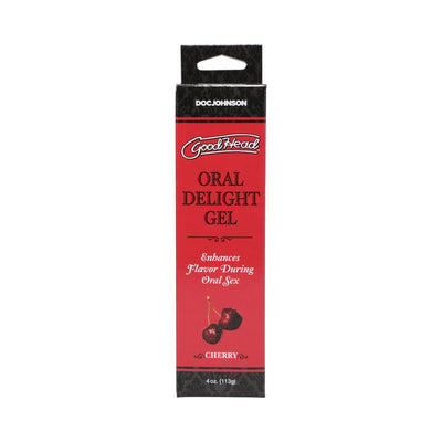 Goodhead Oral Delight Gel Wild Cherry flavor 4oz box with cherry illustration and product details on red and black packaging.