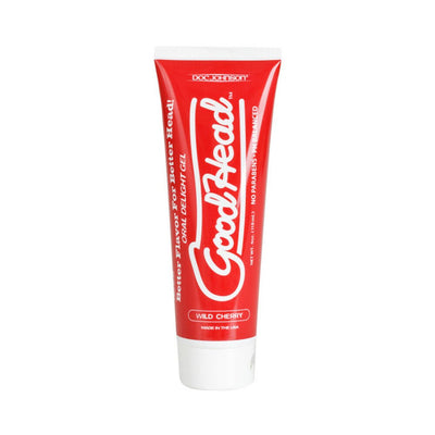 Tube of Goodhead Oral Delight Gel in Wild Cherry flavor with red and white packaging.