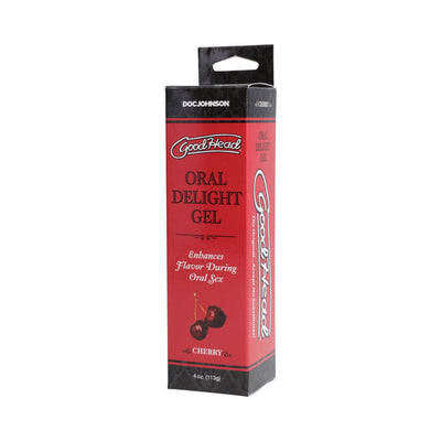 Goodhead Oral Delight Gel Wild Cherry flavor 4oz box with cherry illustration and product details on red and black packaging.