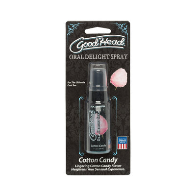 GoodHead Oral Delight Spray in cotton candy flavor with black packaging and cotton candy image, 1oz bottle