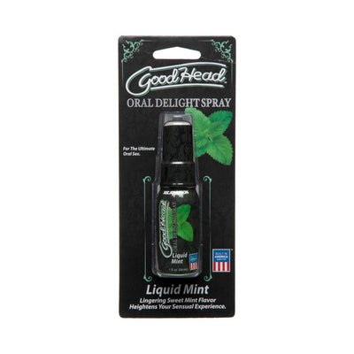 Goodhead Oral Delight Spray in Liquid Mint flavor 1oz bottle with mint leaf design on black packaging