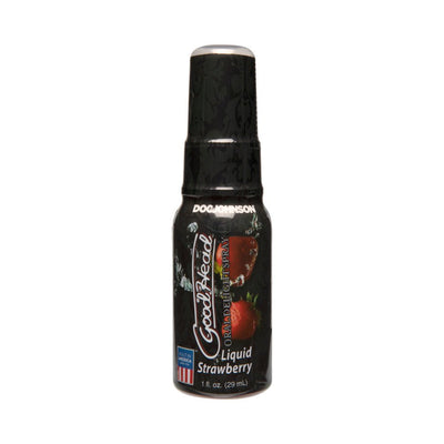 Goodhead Liquid Strawberry flavored oral delight spray in a black 1oz pump bottle with strawberry graphics.