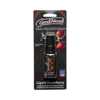 Goodhead Oral Delight Spray Liquid Strawberry 1oz in black packaging with strawberry images and pump spray bottle visible.