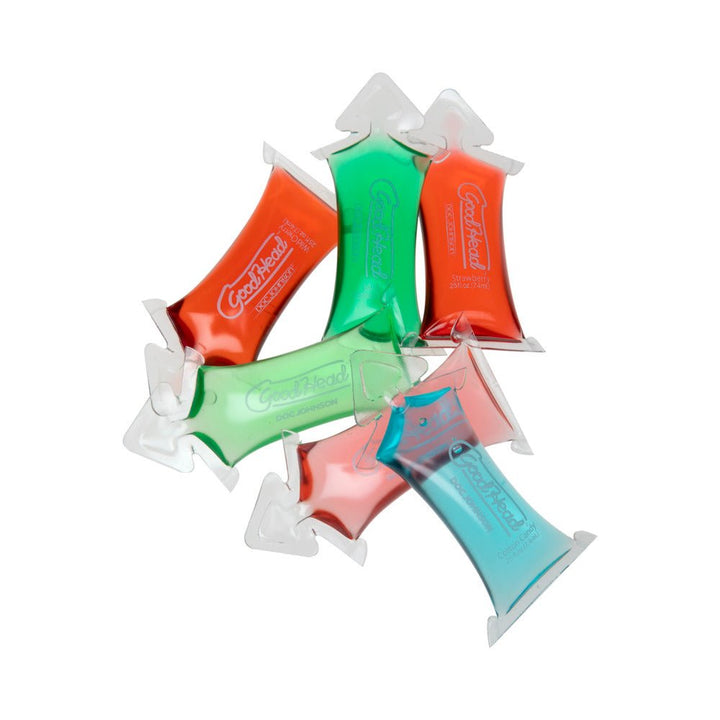 Six assorted colorful Goodhead flavored oral gel Pillow Paks in red, green, and blue packaging on white background.